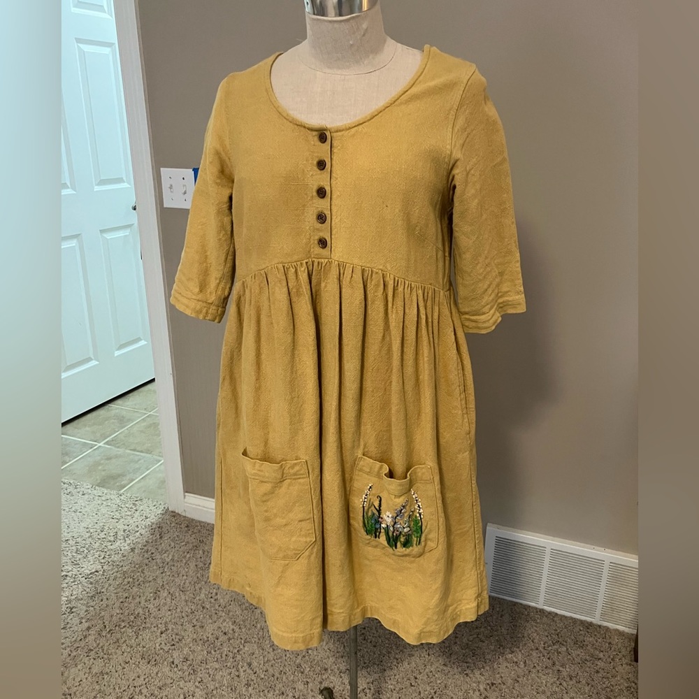 Mustard linen pullover linen embroidered dress